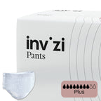 Packaging box for Invizi Pants Plus with an image of a single white adult diaper and a graphic indicating the absorbency level.