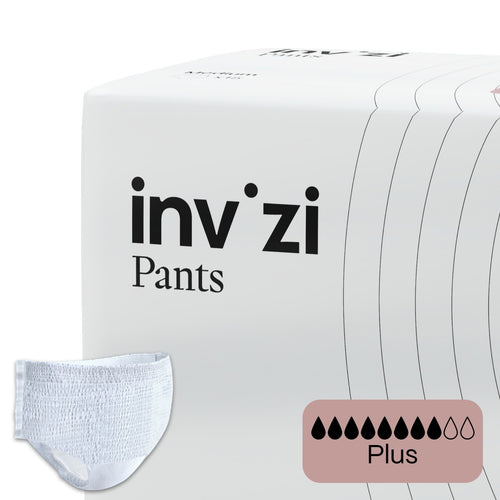 Packaging box for Invizi Pants Plus with an image of a single white adult diaper and a graphic indicating the absorbency level.